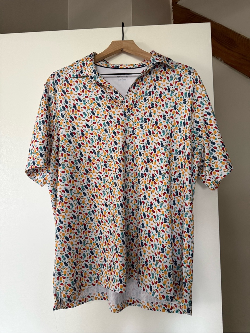 Johnston & Murphy White Polo with Red, Blue, Yellow & Green Leaf Print